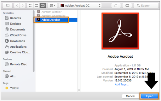 arrow point at the open button on the adobe acrobat software